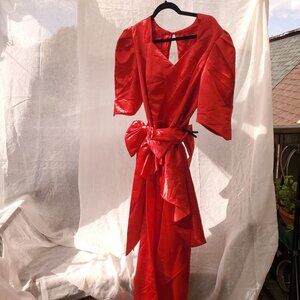 Vintage Nu-Mode Red Satin Puff Sleeve Dress